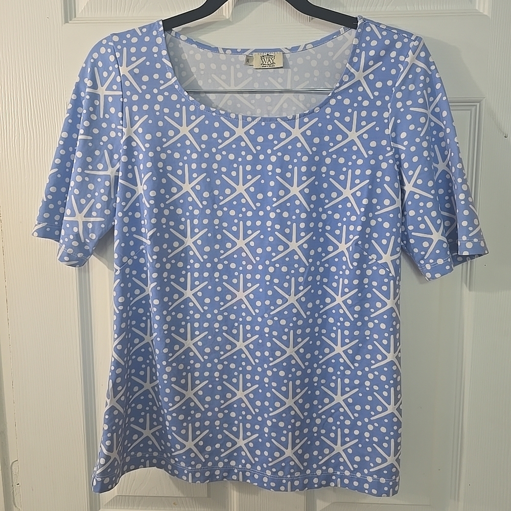 Katherine Way Womens Medium Top Geometric Dot Print Blue With White Made In USA
